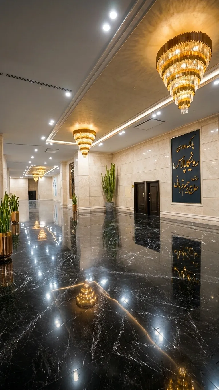 Ronika Palace corridor with a Persian calligraphy installation of the project name