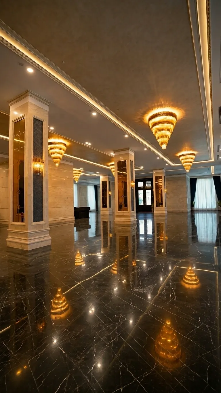 Ronika Palace main corridor lined with gold chandeliers and classical columns