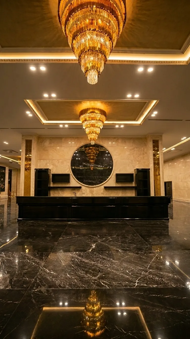 Grand marble reception lobby of Ronika Palace with a crystal chandelier overhead