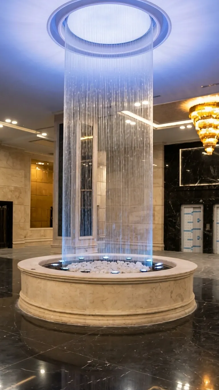 Illuminated cylindrical water feature in the main lobby of Ronika Palace